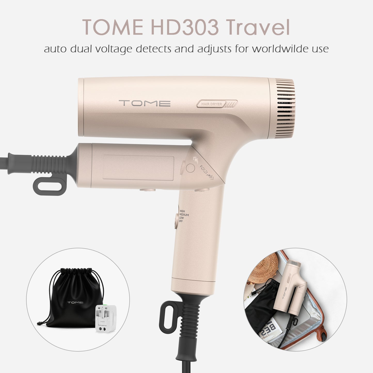 TOME Foldable Dual Voltage Hair Dryer