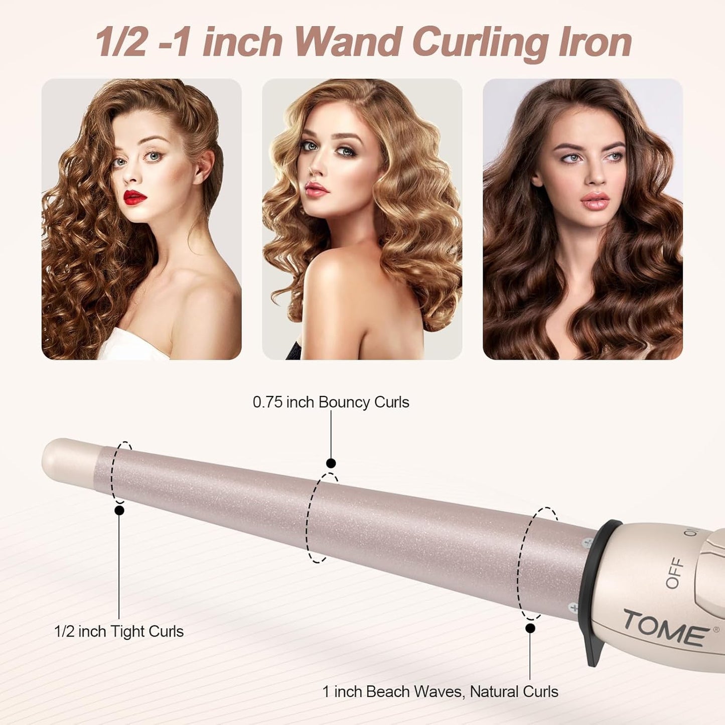 ToMe Professional Ceramic 1/2-1 inch Tapered Hair Curling Wand