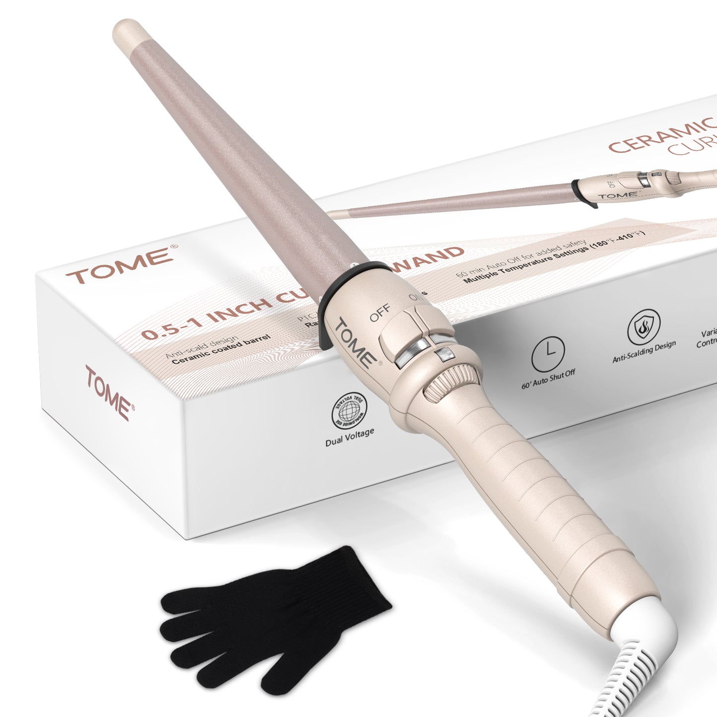 ToMe Professional Ceramic 1/2-1 inch Tapered Hair Curling Wand
