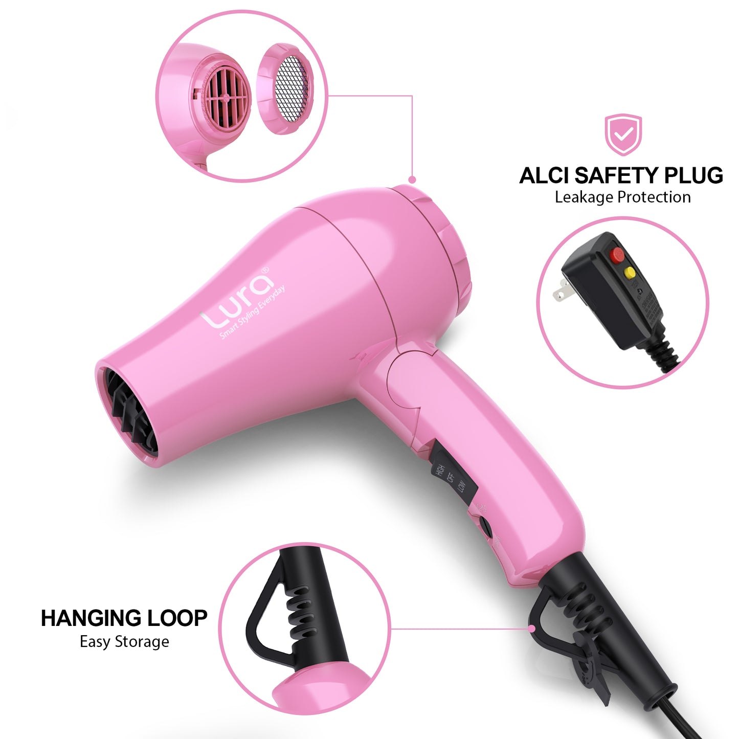 Lura Travel Portable Hair Dryer,Pink