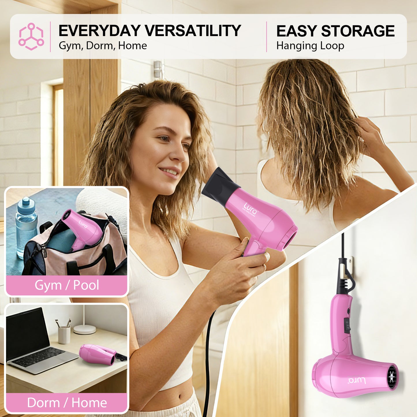 Lura Travel Portable Hair Dryer,Pink